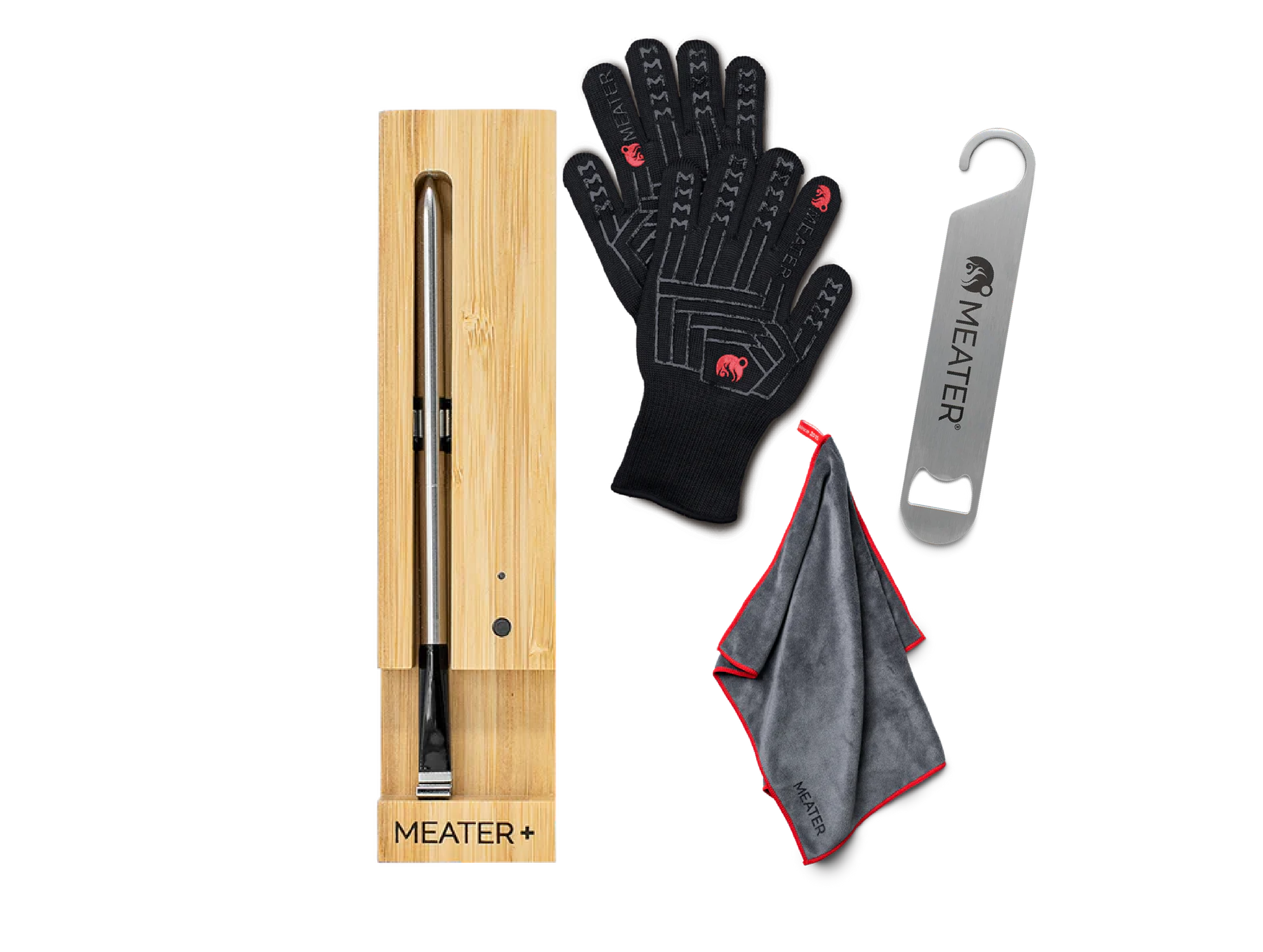 MEATER Plus accessories bundle with heat-resistant mitts, microfiber towel, and steel hanger