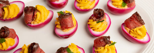 Pink Deviled Eggs With Steak