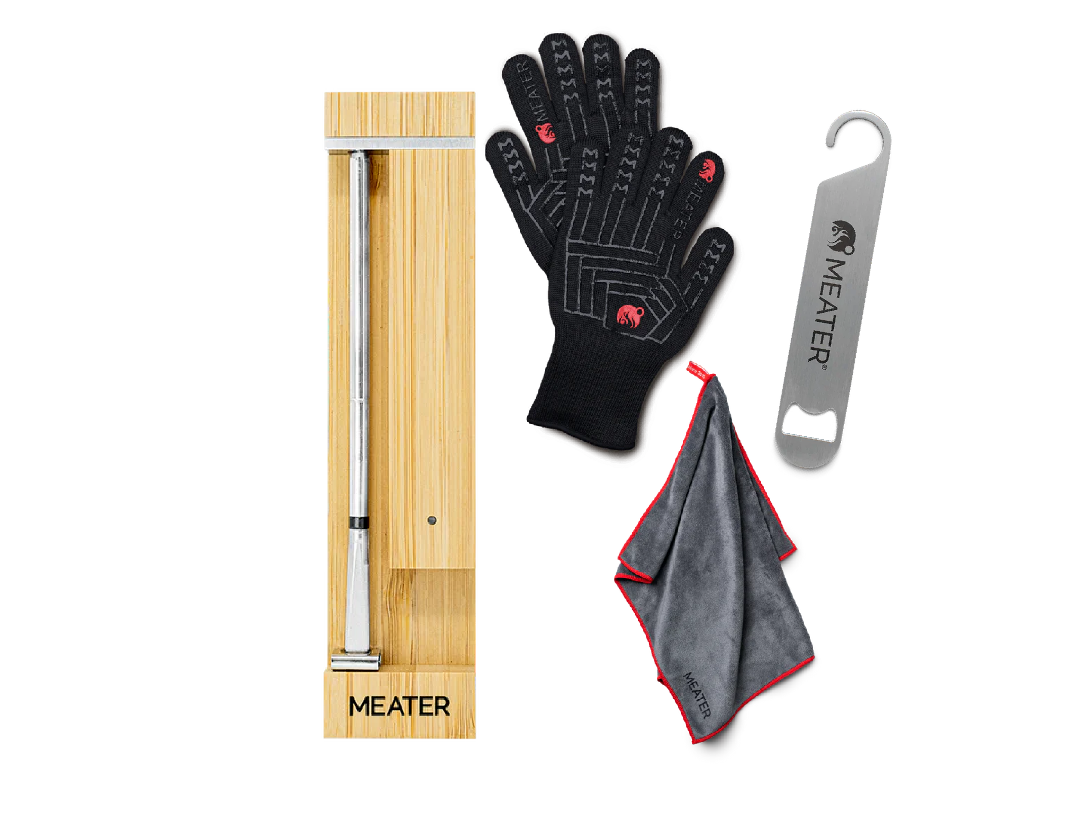 MEATER Pro wireless meat thermometer bundle with heat-resistant BBQ mitts, microfiber towel, and steel hanger for grilling and cooking