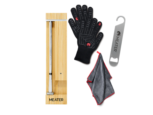 MEATER Pro wireless meat thermometer bundle with heat-resistant BBQ mitts, microfiber towel, and steel hanger for grilling and cooking