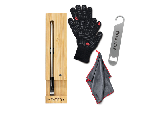 MEATER Plus accessories bundle with heat-resistant mitts, microfiber towel, and steel hanger